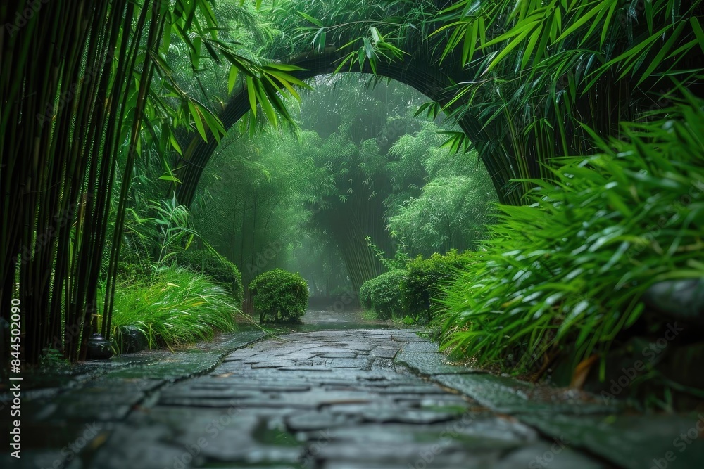 Poster serene stone pathway through dense bamboo forest with mystical arch, creating a tranquil and enchant