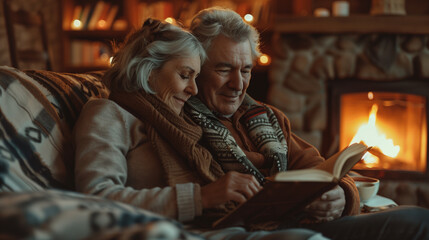  mature couple sitting together on a cozy sofa, reading books by a warm fireplace, with a soft glow of firelight illuminating the room, senior couple spending quality time together,