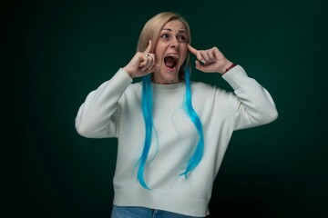 Woman With Long Blue Hair Covering Her Eyes