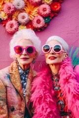 Fototapeta premium Elderly Twins in Vivid Sunglasses and Colorful Attire