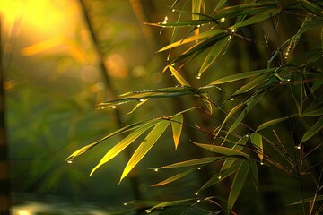 Fototapeta premium Serene bamboo leaves with dew drops illuminated by the golden sunrise, creating a peaceful and tranquil nature scene.