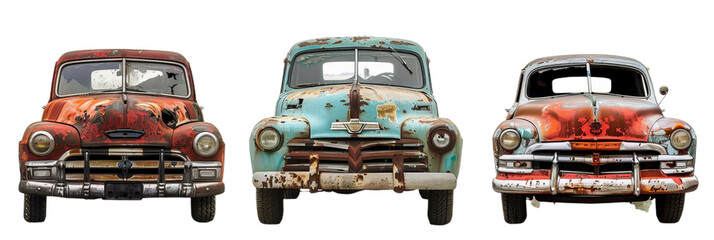 set of 3 rusty, vintage clunker cars, cutout isolated on white and transparent png background