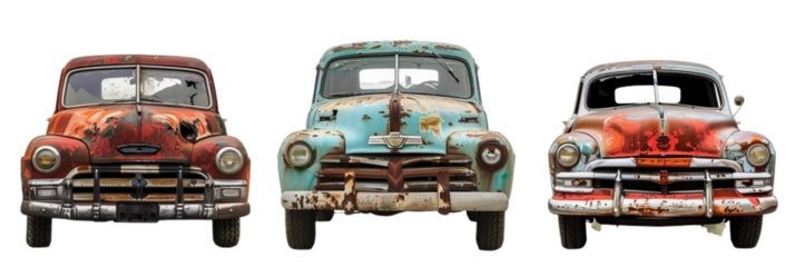set of 3 rusty, vintage clunker cars, cutout isolated on white and transparent png background