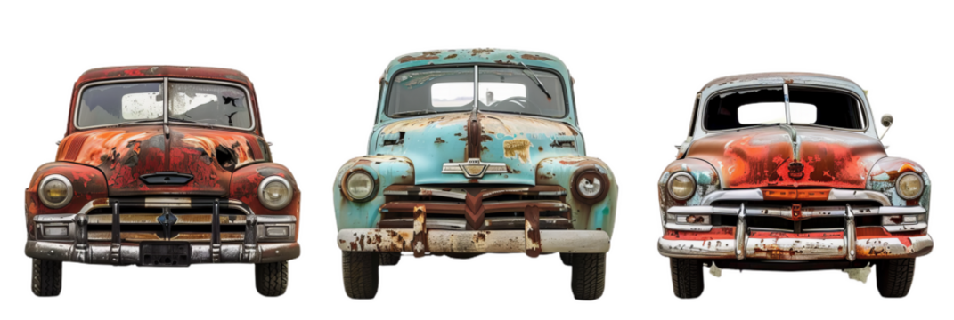 set of 3 rusty, vintage clunker cars, cutout isolated on white and transparent png background