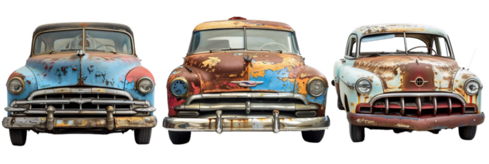 set of 3 rusty, vintage clunker cars, cutout isolated on white and transparent png background