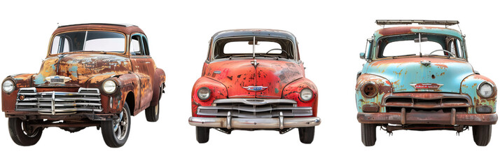 set of 3 rusty, vintage clunker cars, cutout isolated on white and transparent png background