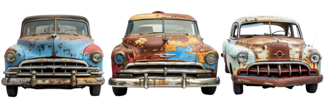 set of 3 rusty, vintage clunker cars, cutout isolated on white and transparent png background