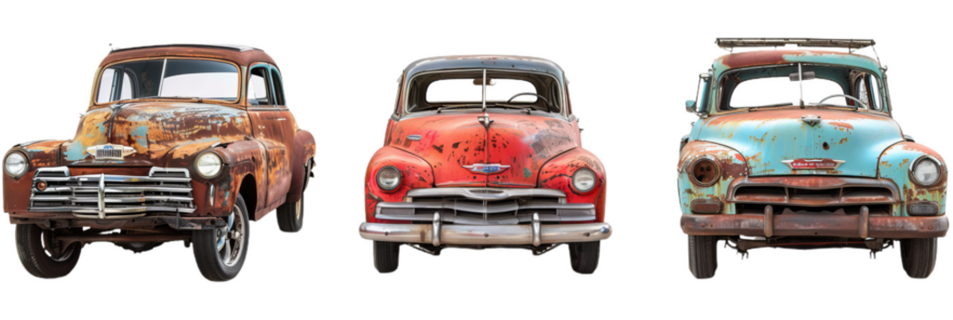 set of 3 rusty, vintage clunker cars, cutout isolated on white and transparent png background