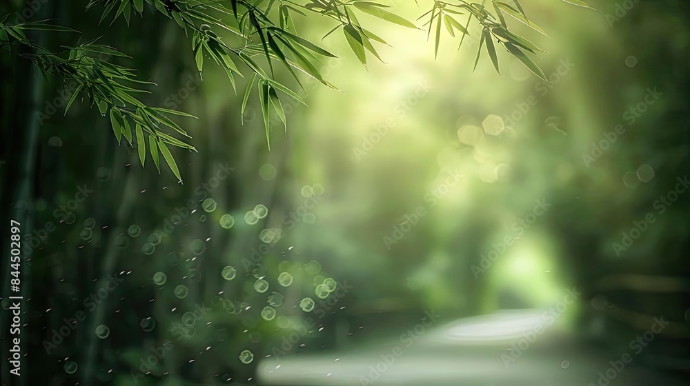 Poster serene bamboo forest path with sunlight filtering through the leaves, creating a tranquil and peacef