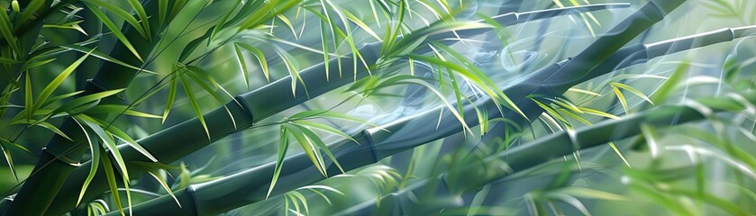 Close-up shot of lush green bamboo stalks and leaves bathed in soft natural sunlight, creating a serene and tranquil atmosphere.