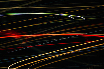 A black and white photo of a red and yellow line