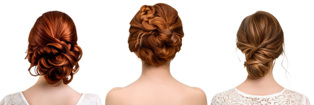 set of 3 hairstyles seen from the back, cutout isolated on white background