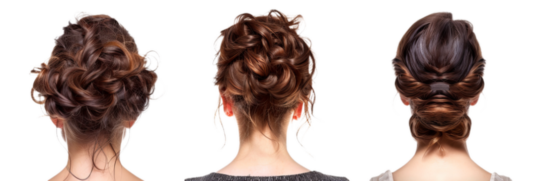 set of 3 hairstyles seen from the back, cutout isolated on white background