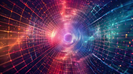 Illustrate the infinite possibilities of the digital realm with a photo of a futuristic abstract background adorned with a perspective laser grid. 