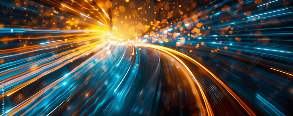 Poster digital data and information flow background with blue and orange glowing light rays, abstract digit