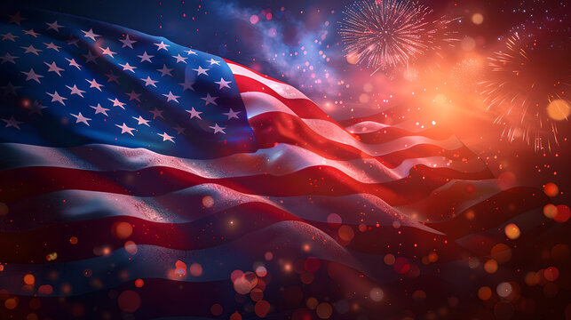 American flag waving over abstract fireworks and bokeh background