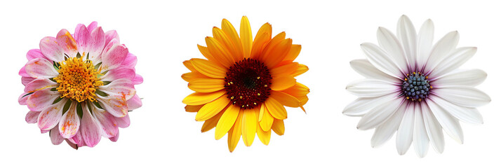 set of 3 colorful blooming flowers isolated on white and transparent background