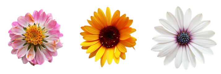 set of 3 colorful blooming flowers isolated on white and transparent background