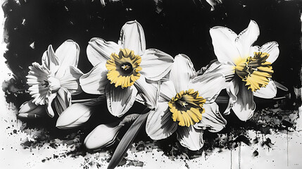   B&W painting of daffodils with splashed paint on bottom