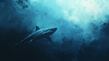 Naklejka premium Underwater silhouette of a shark swimming in the ethereal blue depths of the ocean