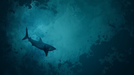 Obraz premium Eerie underwater scene featuring the silhouette of a shark against a textured blue ocean backdrop