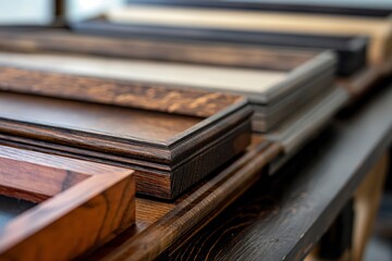 Closeup photo showcasing the fine details and craftsmanship of custom-made wooden picture frames in a carpenter's workshop