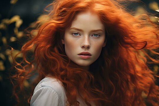 Captivating beauty portrait of a vibrant young redhead woman with natural flowing curly hair and an intense gaze. Showcasing her elegant femininity and flawless skin in an artistic