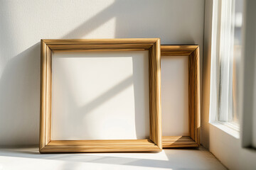 Two empty double-sided wooden frames leaning against a white wall near a window with sunlight casting soft shadows