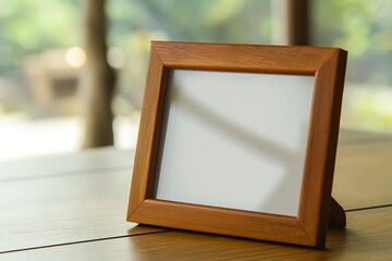 Closeup photo of a wooden picture frame with a built-in stand on a table, showcasing a blank space for images