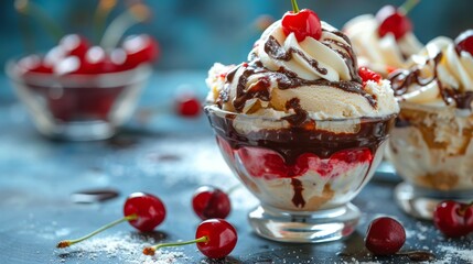 Ice Cream Sundae: A classic sundae with vanilla, chocolate, and strawberry ice cream, topped with chocolate sauce, whipped cream, and cherries.