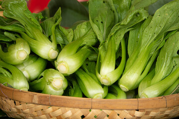 A basket full of green vegetables, including broccoli and asparagus