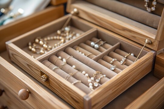 Open wooden jewelry box displaying a collection of fine necklaces and earrings with soft, velvet compartments for organization