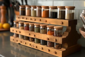 Well-organized wooden spice rack filled with jars of various spices and herbs on a kitchen countertop, enhancing home cooking