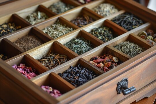 Closeup image showcasing a range of loose-leaf teas neatly organized in a classic wooden tea box with multiple compartments