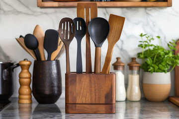 Stylish wooden utensil holder filled with various cooking tools on a modern kitchen countertop, accented by greenery in the background