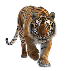 Obraz premium A realistic 3D tiger with striped fur and sharp eyes, prowling on a white background