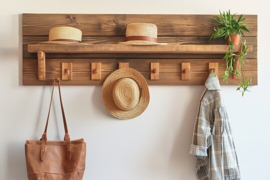 Wooden wall mounted coat rack adorned with straw hats, a green plant, a leather bag, and a checkered shirt in a home interior
