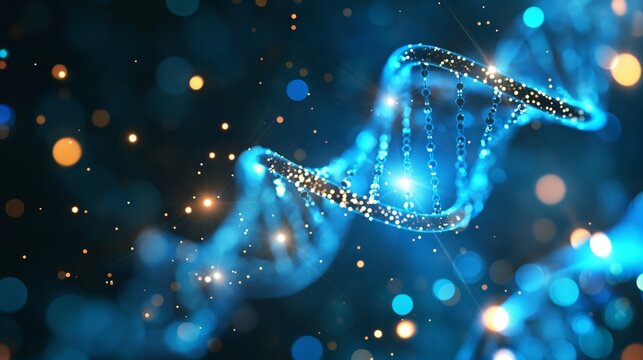 DNA double helix on blur blue background, like microscope view. 16-9 wallpaper