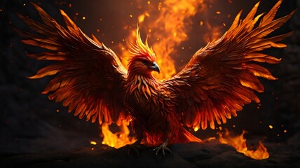 Phoenix bird risen from the ashes, fire bird. Burning bird