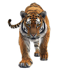 Obraz premium A realistic 3D tiger with striped fur and sharp eyes, prowling on a white background
