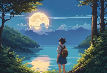 illustration of a lone person at night by moonlight in anime and cartoon style.