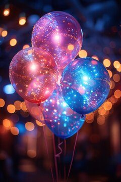 Glowing led balloons with lights in dark room
