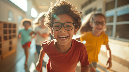 kids running in school after class for break time, back to school concept