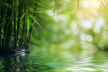 Tranquil bamboo garden with serene water reflection and soft bokeh lights. Ideal for relaxation or meditation concepts. Beautiful nature background captured with soft focus and vibrant green tones