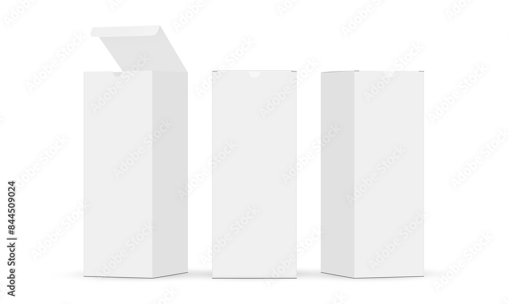 Wall mural tall rectangular packaging boxes mockups, front and side view, opened and closed lid, isolated on wh