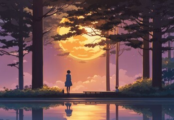 illustration of a lone person at night by moonlight in anime and cartoon style.