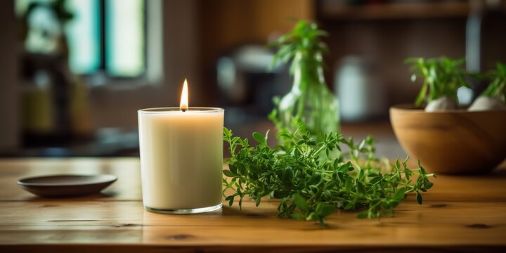 Aroma relaxing soy wax candle in the kitchen on a table with basilic leaves concept scene