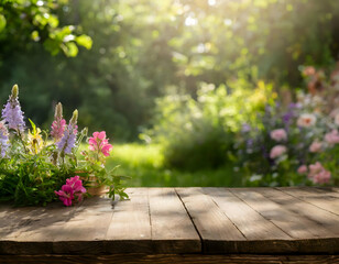 A minimalistic wooden desk with free space, positioned in a summer garden with bright sunlight and blooming flowers