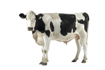 A close-up of a black and white dairy cow standing and looking forward against a white background. Clear and detailed farm animal image.