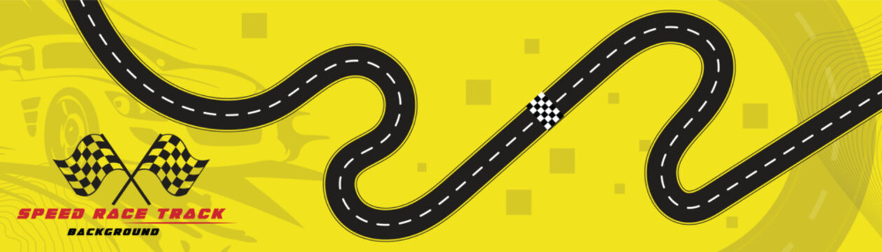 Creative vector illusion of race track isolated on yellow background. Speed race track background design with sport car.